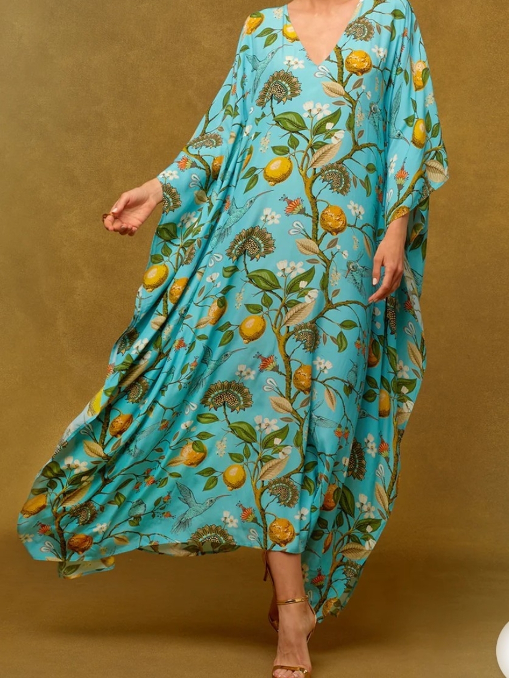 Nicoblu Women's Flora Kaftan  Turquoise Hummingbird Print Tropical Luxury Chic